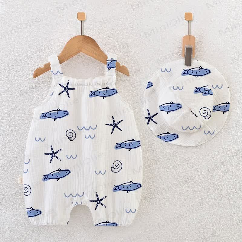 Baby Little Fish Print White Jumpsuit with Hat - White - 18-24M - image 1