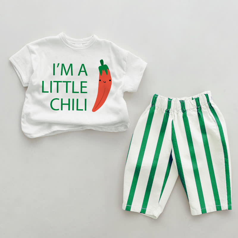I'M A LITTLE CHILI Baby Green Smiling Chili Vertical Striped 2-piece Set - White&Green - 2-3T - image 1