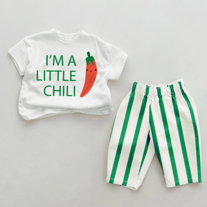 I'M A LITTLE CHILI Baby Green Smiling Chili Vertical Striped 2-piece Set - White&Green - 2-3T - image 1