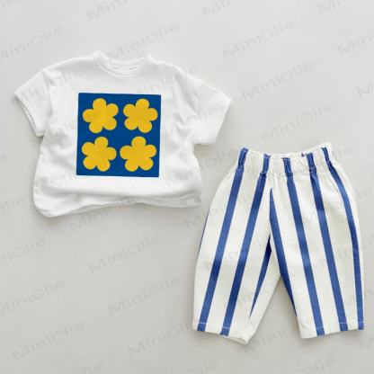Baby Floral Pattern Blue Vertical Striped Pants 2-piece Set - White&Blue - 2-3T - image 1