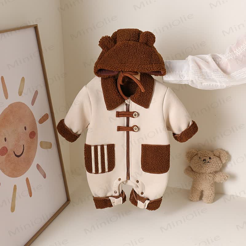 Baby Colorblock Bear Ear Hooded Plush Fleece Romper - image 3