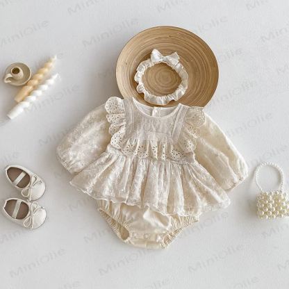 Baby Lace Skirted Beige Bodysuit with Headband - image 9