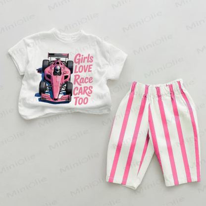 GIRLS LOVE RACE CARS TOO Baby Pink Vertical Striped 2-piece Set - White&Pink - 2-3T - image 1