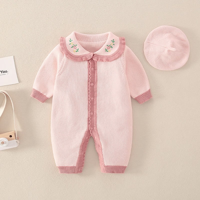  Baby Pink Floral Lace Collar Romper with Hat - Pink - 18-24M - image 1