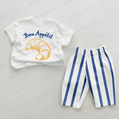 BON APPETIT Baby Blue Croissant Print Vertical Striped 2-piece Set - White&Blue - 2-3T - image 1