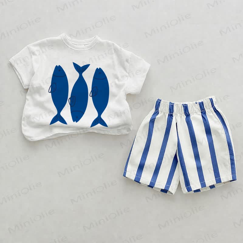 Baby Fish Blue Vertical Striped 2-piece Shorts Set - White&Blue - 2-3T - image 1