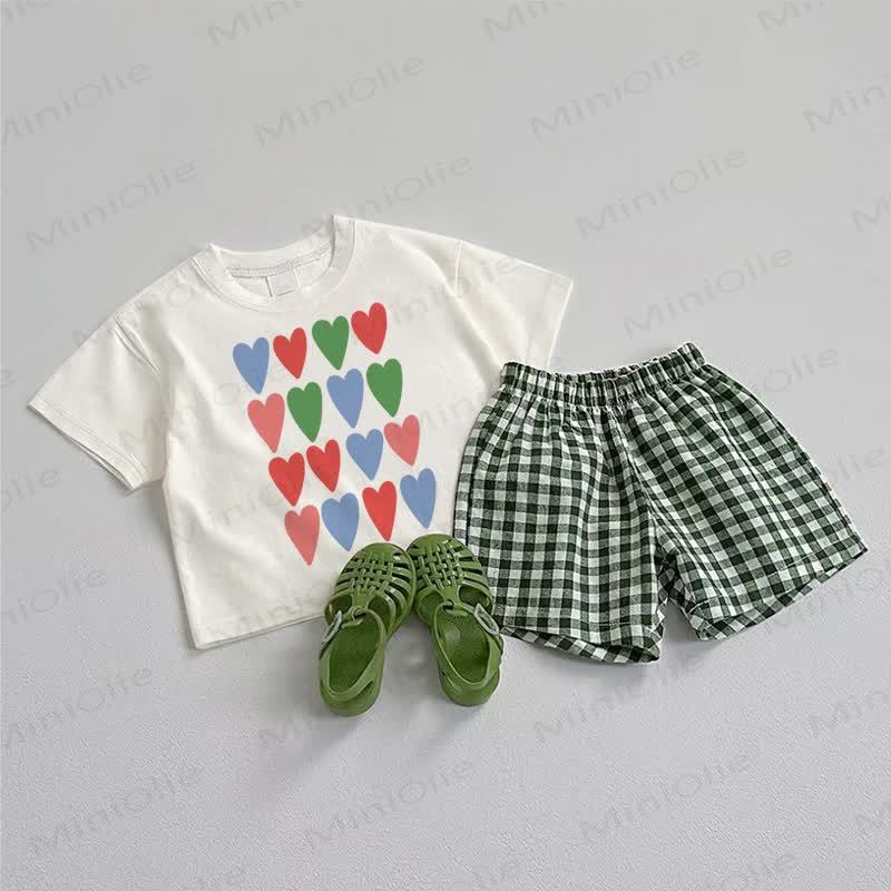 Baby Heart Tee and Plaid Shorts 2-Piece Set - White&Green - 3-5T - image 1