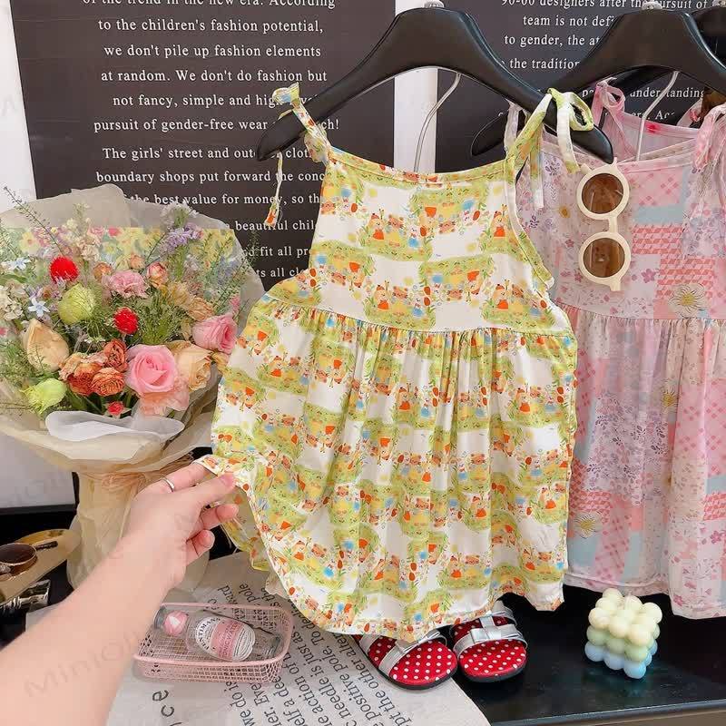 Toddler Girl Floral Spaghetti Strap Dress - Yellow Animals - 10-11T - image 5