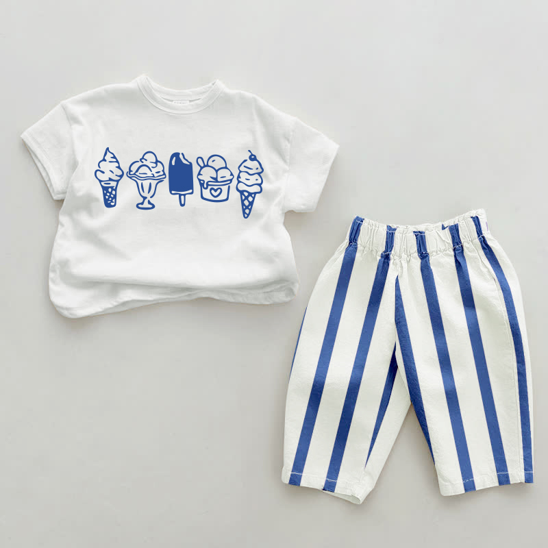 Baby Ice Cream Pattern Vertical Striped 2-piece Set - White&Blue - 2-3T - image 1