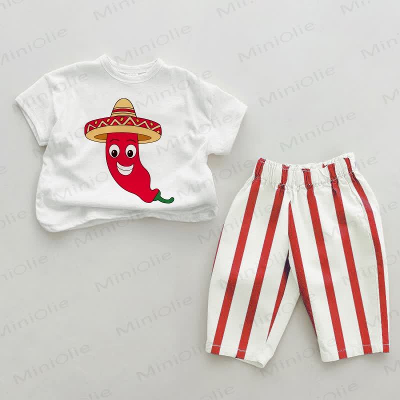 Baby Mexican Chili Pepper Red Vertical Striped 2-piece Set - White&Red - 2-3T - image 1