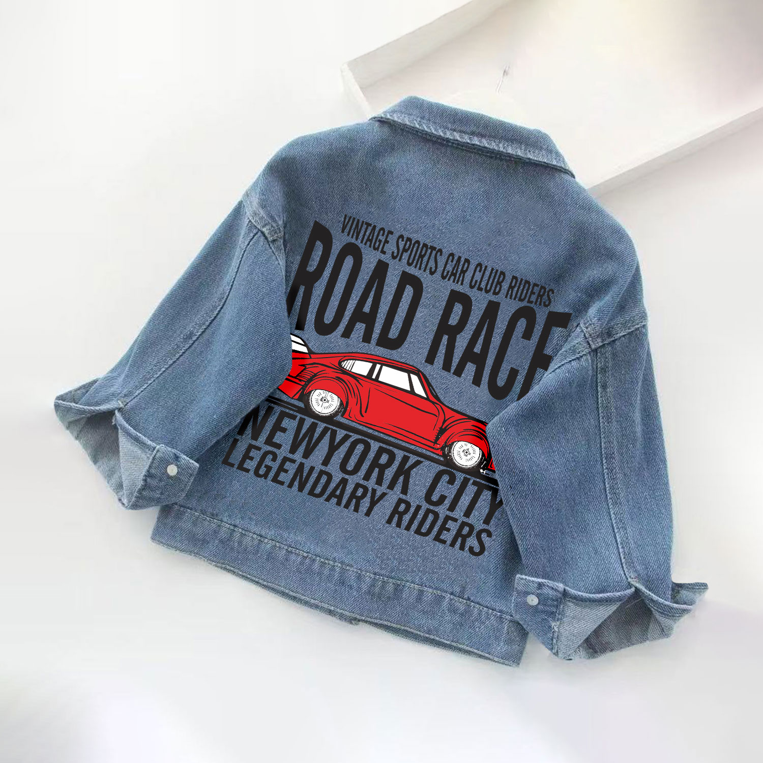VINTAGE SPORTS CAR CLUB RIDERS RODE RACE NEWYORK CITY LEGENDARY RIDES Toddler Kid Denim Jacket - Blue - 10-11T - image 1
