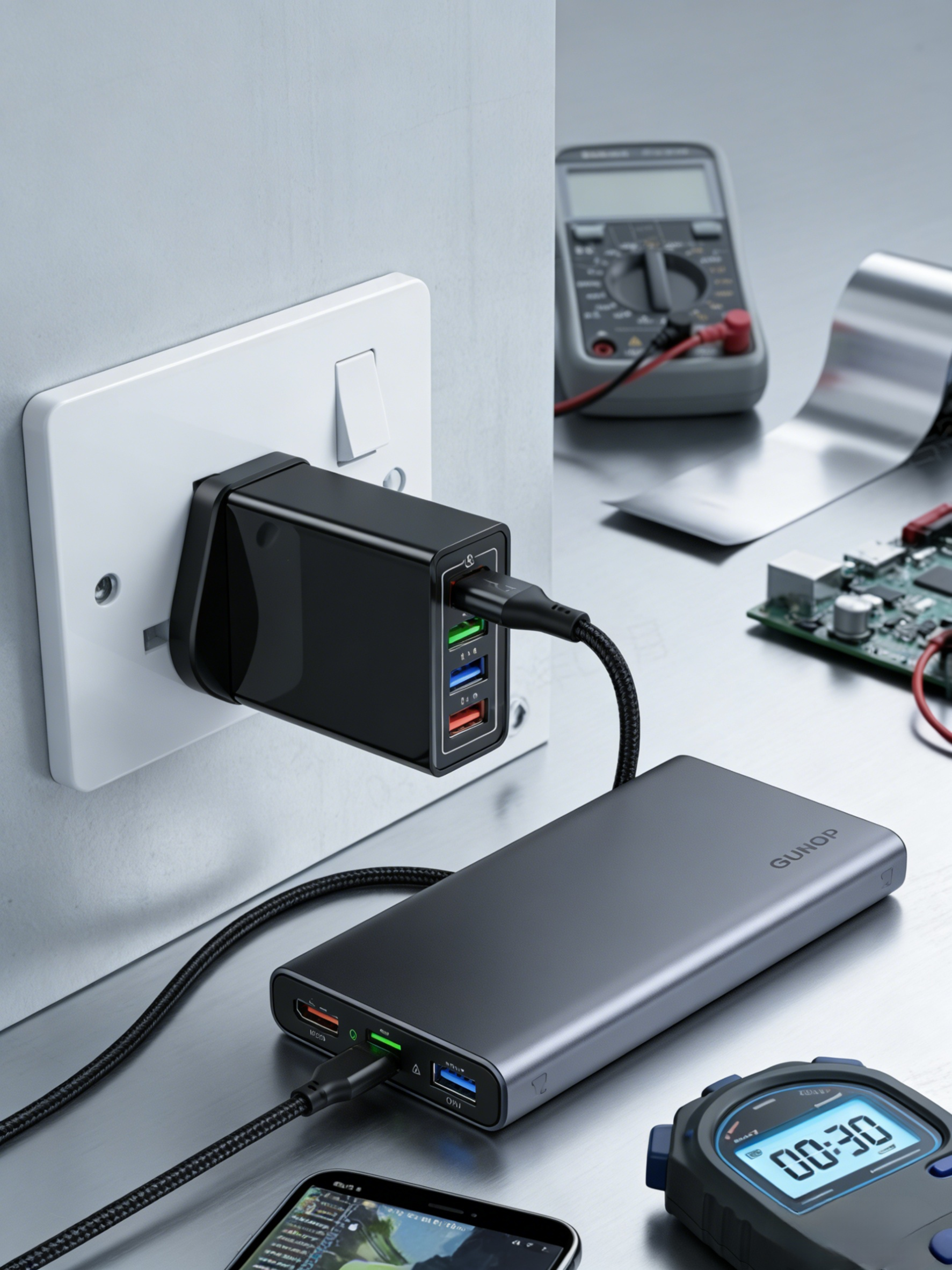 4-Port Smart Travel Charger (UK Plug) | Intelligent Power Delivery & Battery Health Protection | Multi-Device Fast Charging for Phone, Tablet & Watch | Compact Everyday Carry