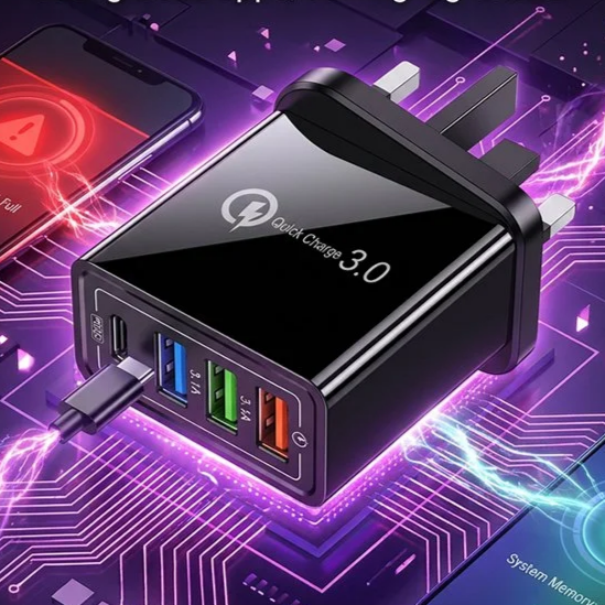 4-Port Smart Travel Charger (UK Plug) | Intelligent Power Delivery & Battery Health Protection | Multi-Device Fast Charging for Phone, Tablet & Watch | Compact Everyday Carry