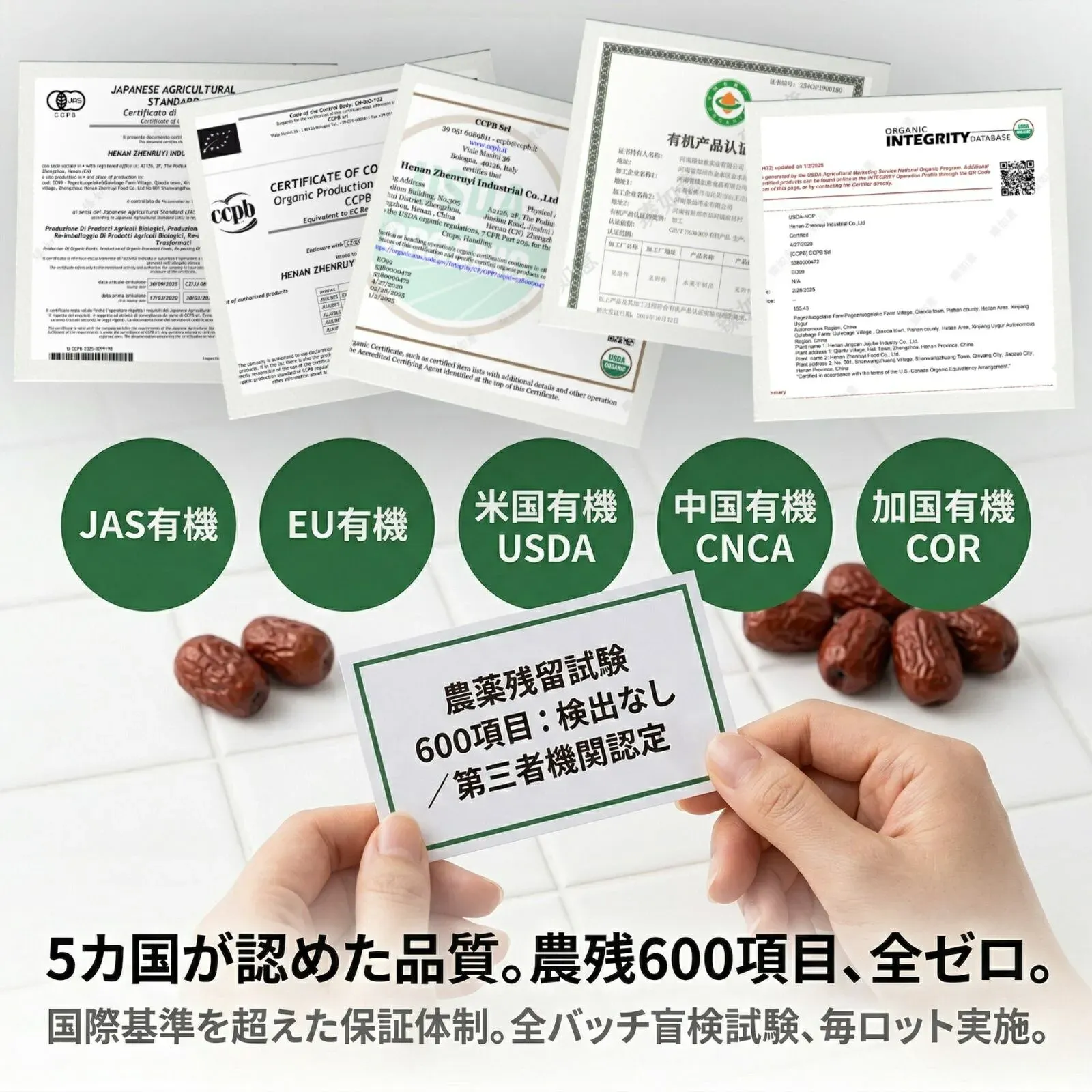 有機なつめの有機認証書と残留農薬検査