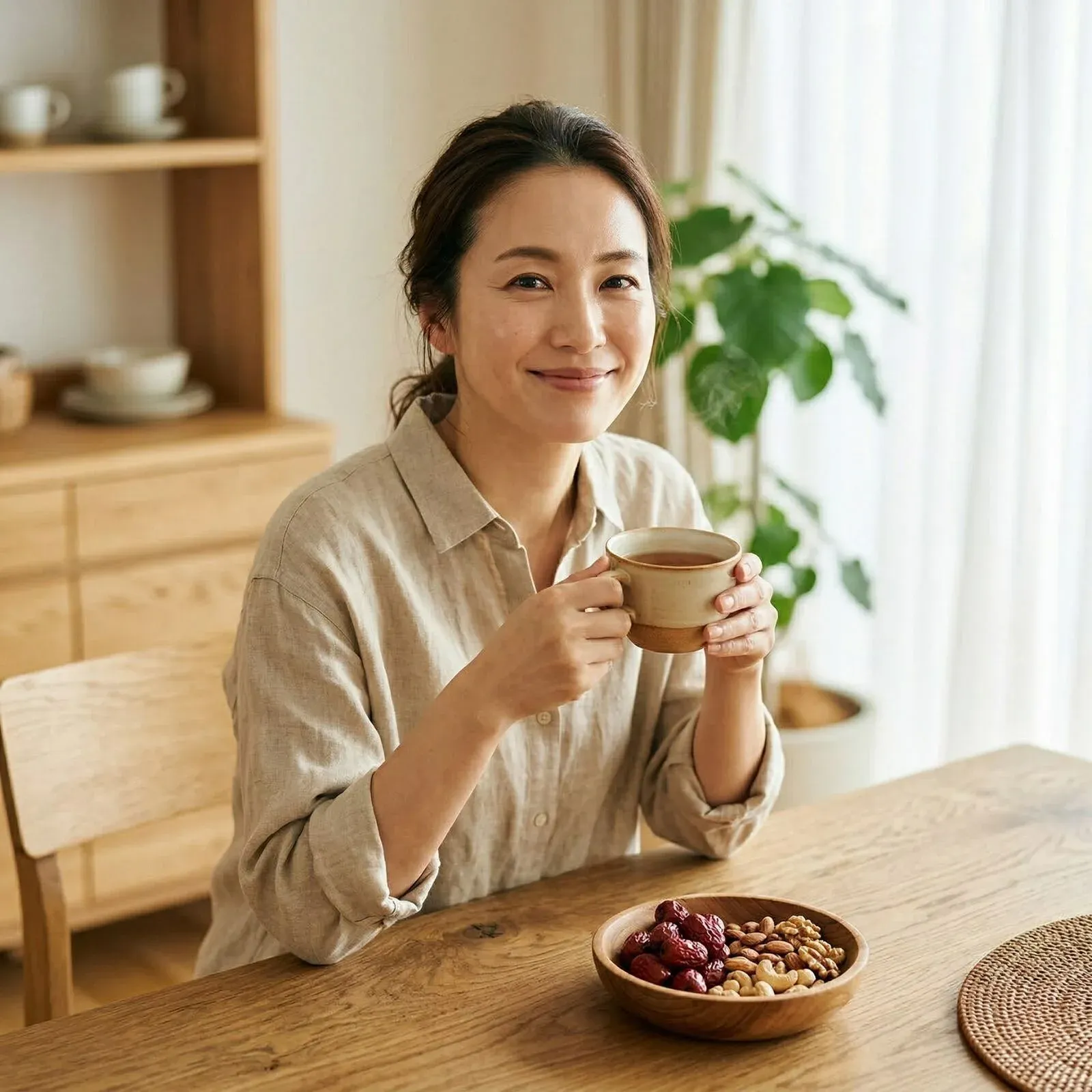 有機なつめ入りのなつめ茶を楽しむ女性