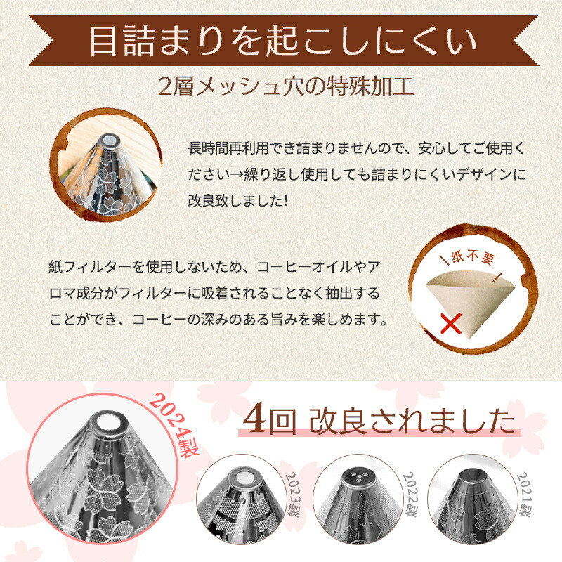 【店長オススメ】目詰まりしにくい コーヒー ドリッパー フィルター不要 コーヒードリッパー ステンレス ペーパーレス コーヒーフィルター ステンレスフィルター フック穴あり ペーパーレスフィルター 1～4杯用 分離式