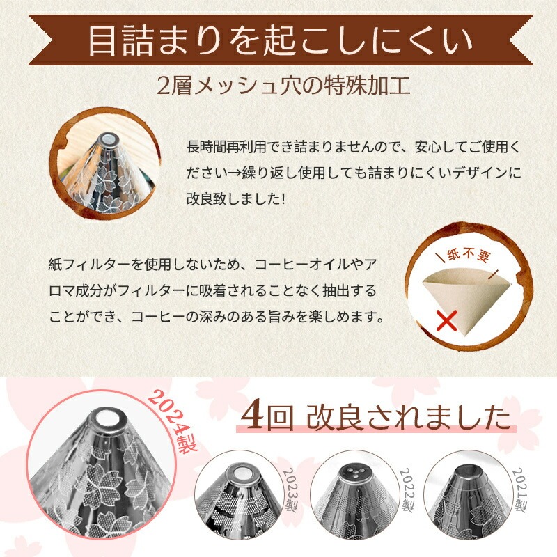 【店長オススメ】目詰まりしにくい コーヒー ドリッパー フィルター不要 コーヒードリッパー ステンレス ペーパーレス コーヒーフィルター ステンレスフィルター フック穴あり ペーパーレスフィルター 1～4杯用 分離式