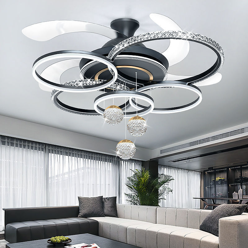 定製款110V新款客廳隱形風扇燈現代簡約臥室餐廳電風扇傢用水晶弔扇燈 客廳水晶燈 客廳風扇燈