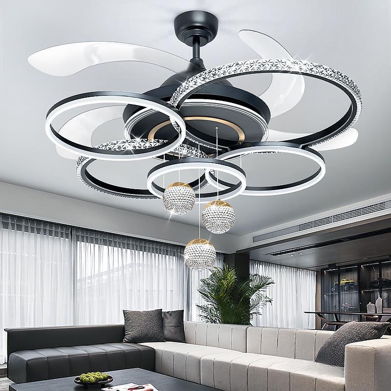 定製款110V新款客廳隱形風扇燈現代簡約臥室餐廳電風扇傢用水晶弔扇燈 客廳水晶燈 客廳風扇燈