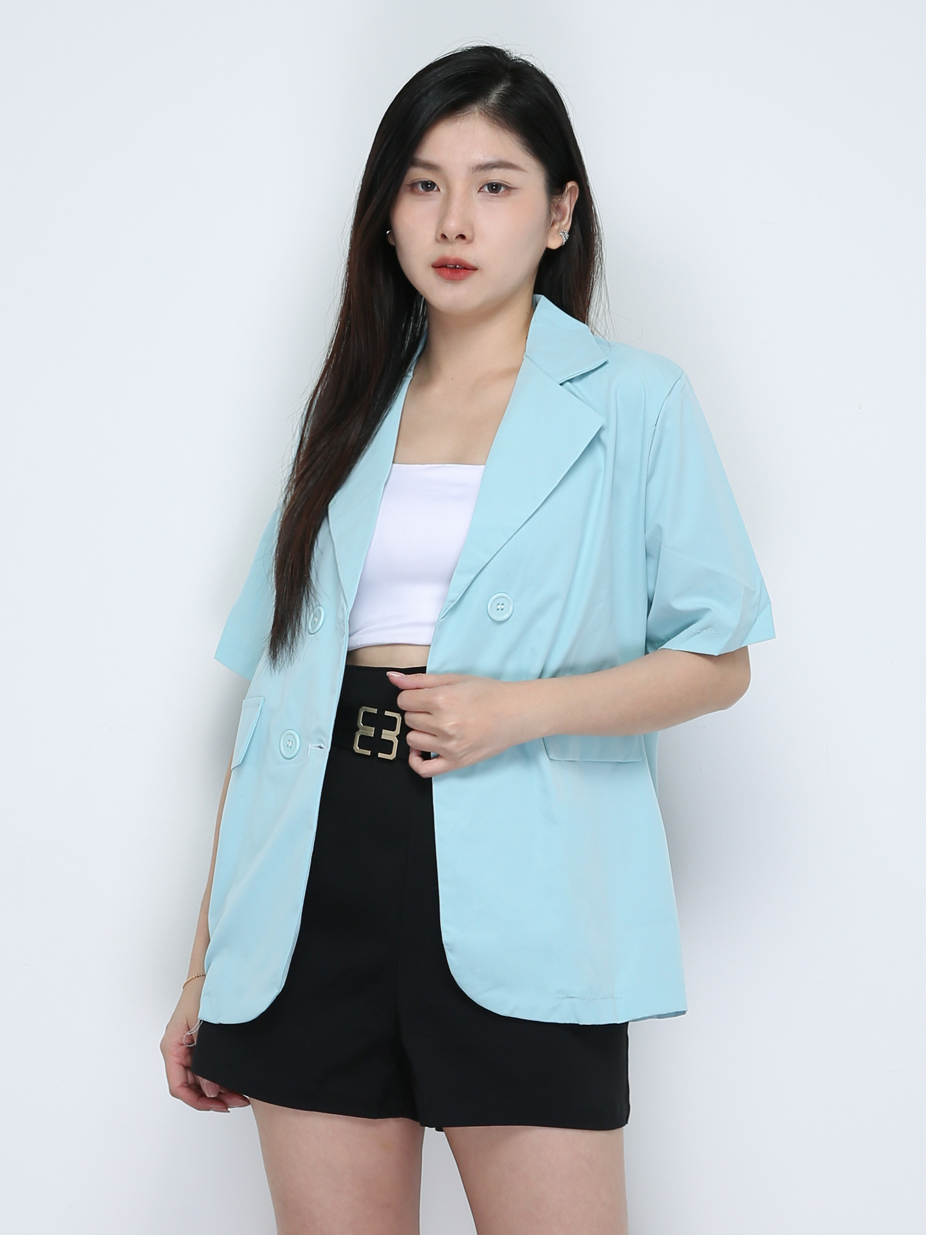Collared Short Sleeve Front Button Blazer 17981