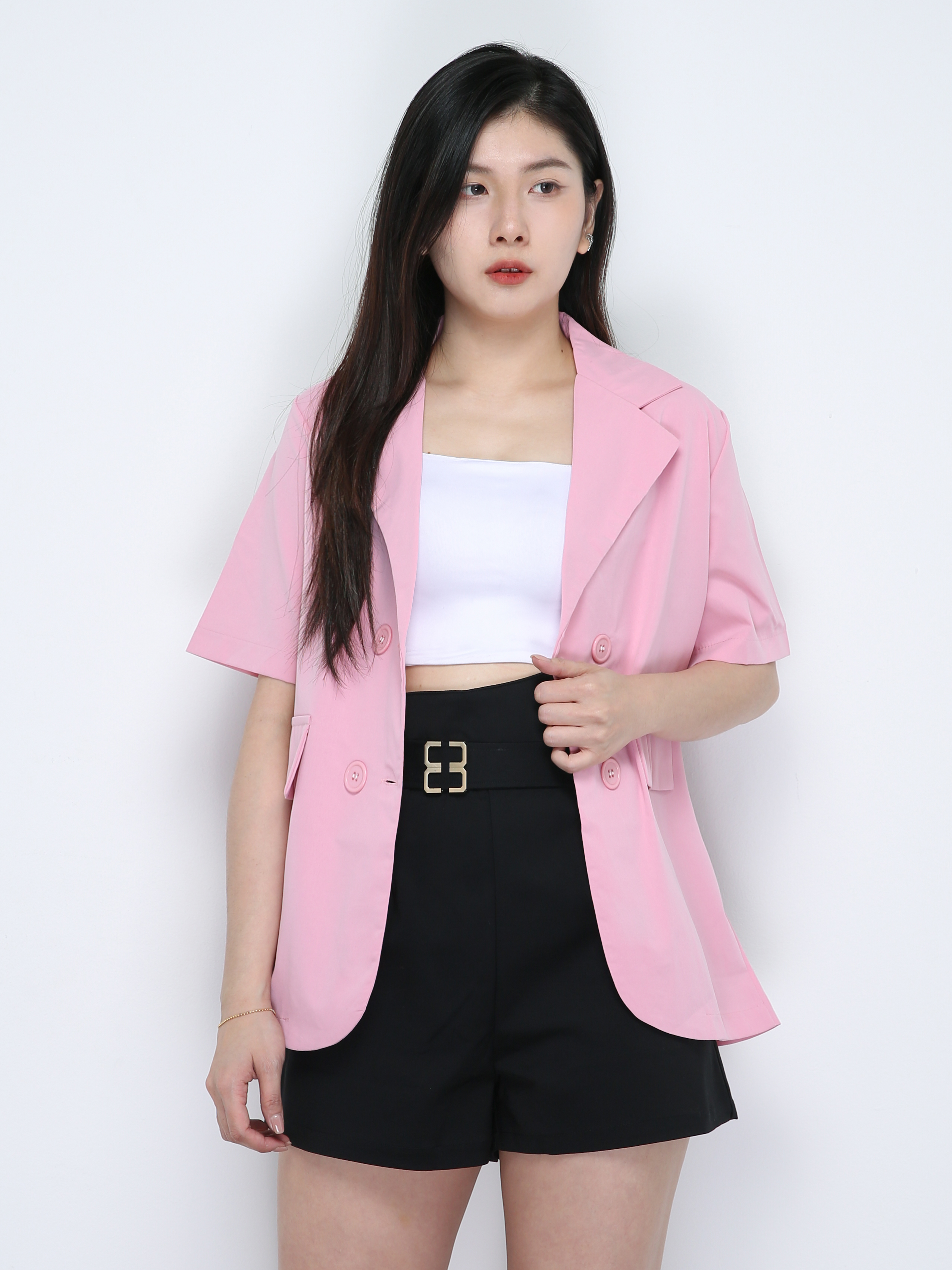 Collared Short Sleeve Front Button Blazer 17981