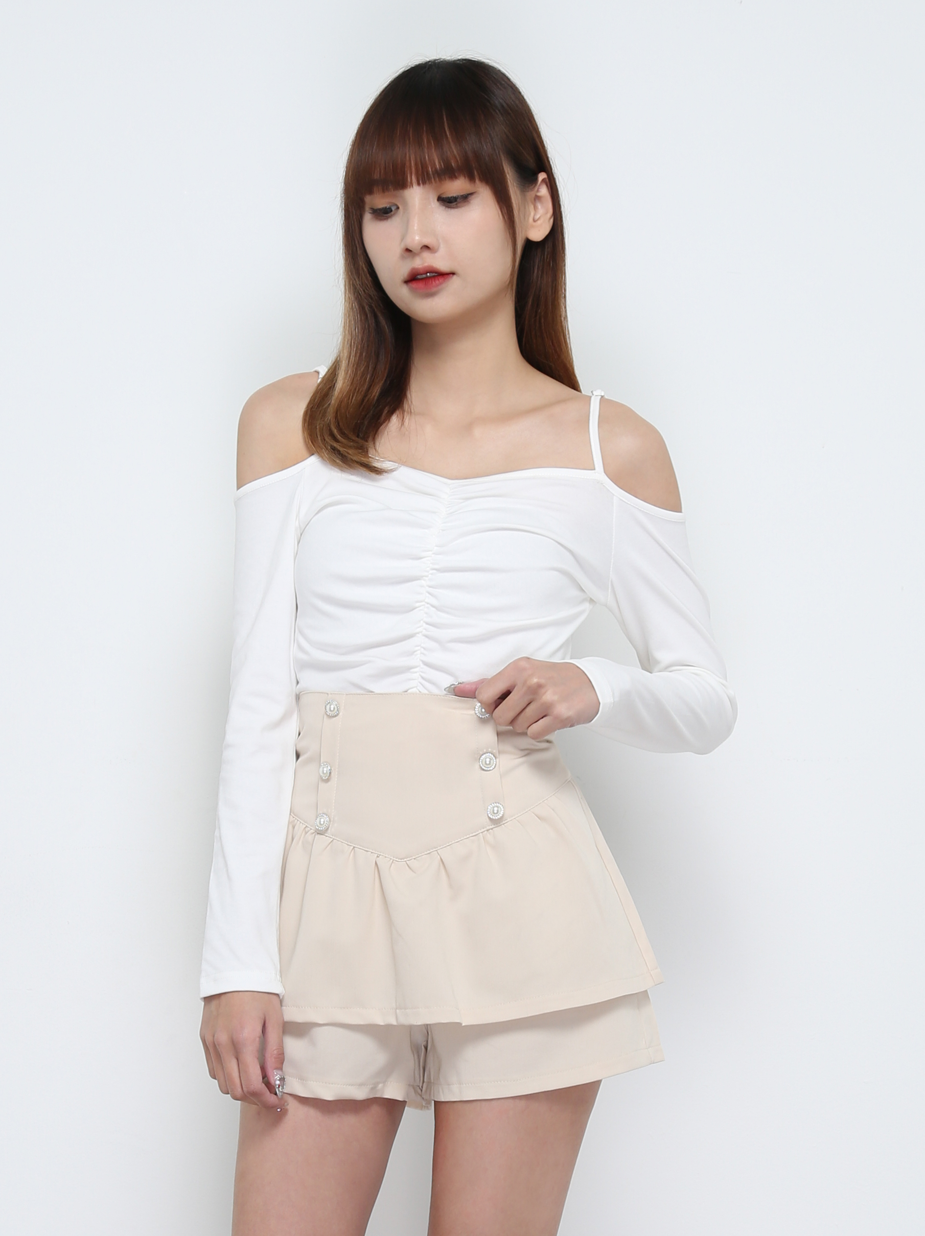 Back Zip Front Decorative Button Pleated Skirt Pant 32397