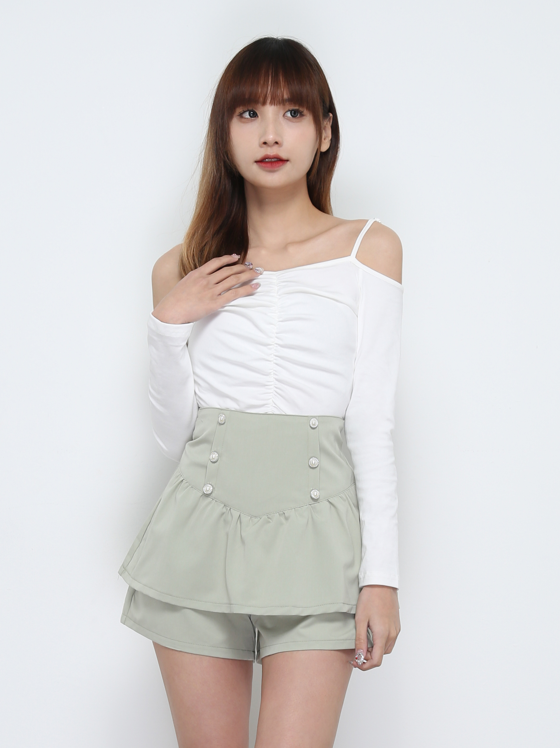 Back Zip Front Decorative Button Pleated Skirt Pant 32397