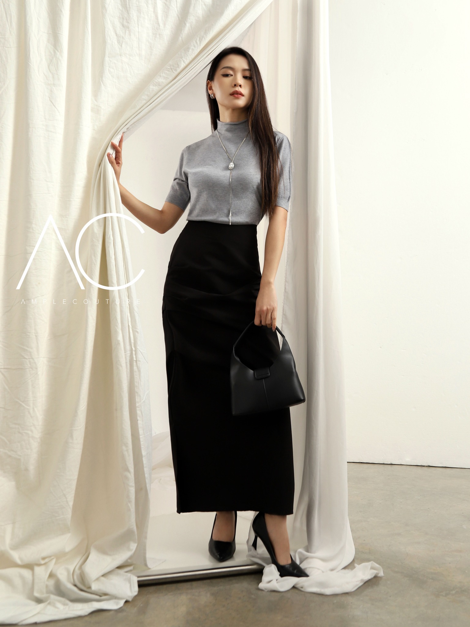 Side Zip Pleated Long Skirt DJ060