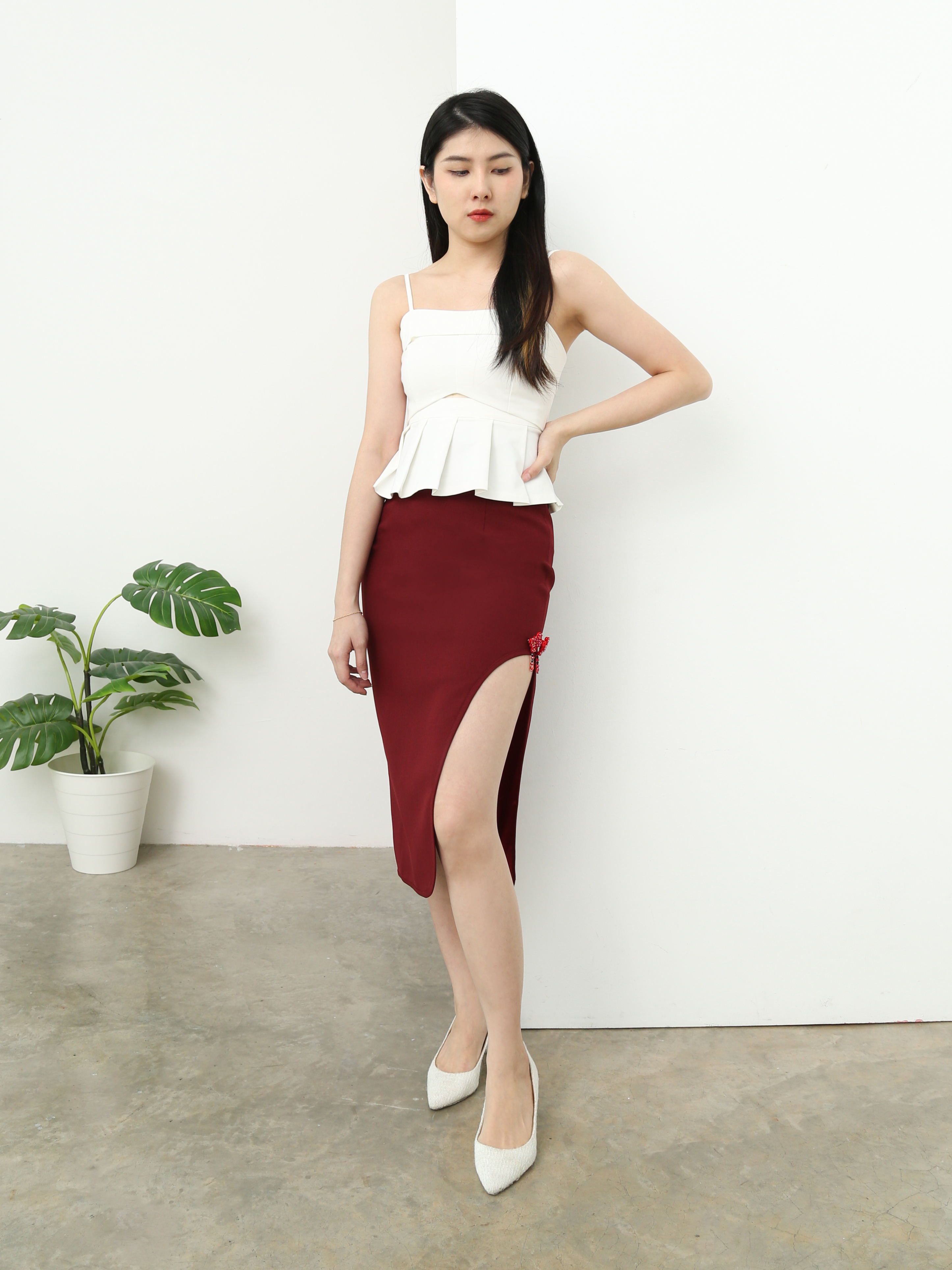 High Waist High Split With Flower Skirt AC061
