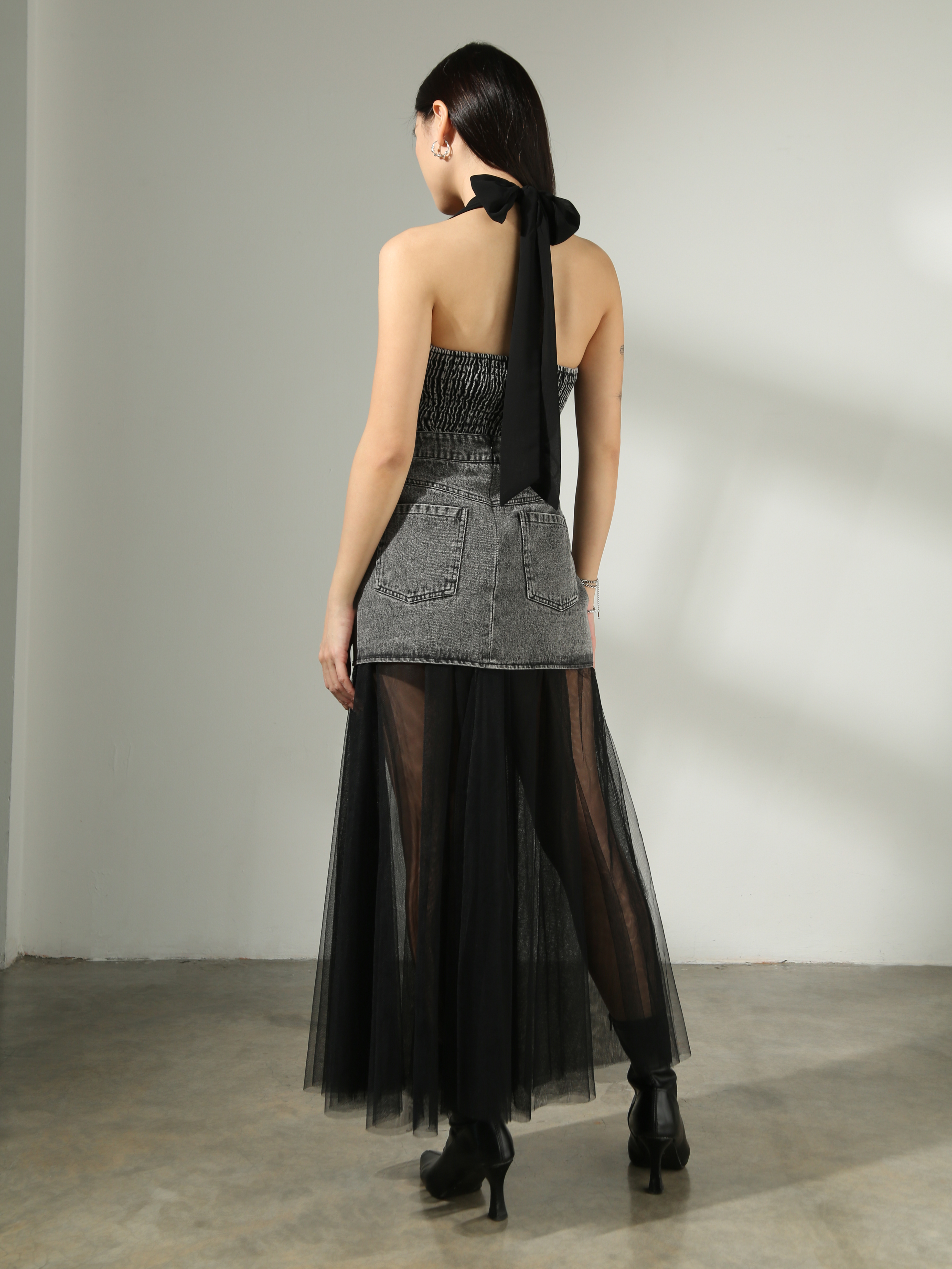 Denim Mesh Long Skirt AC755