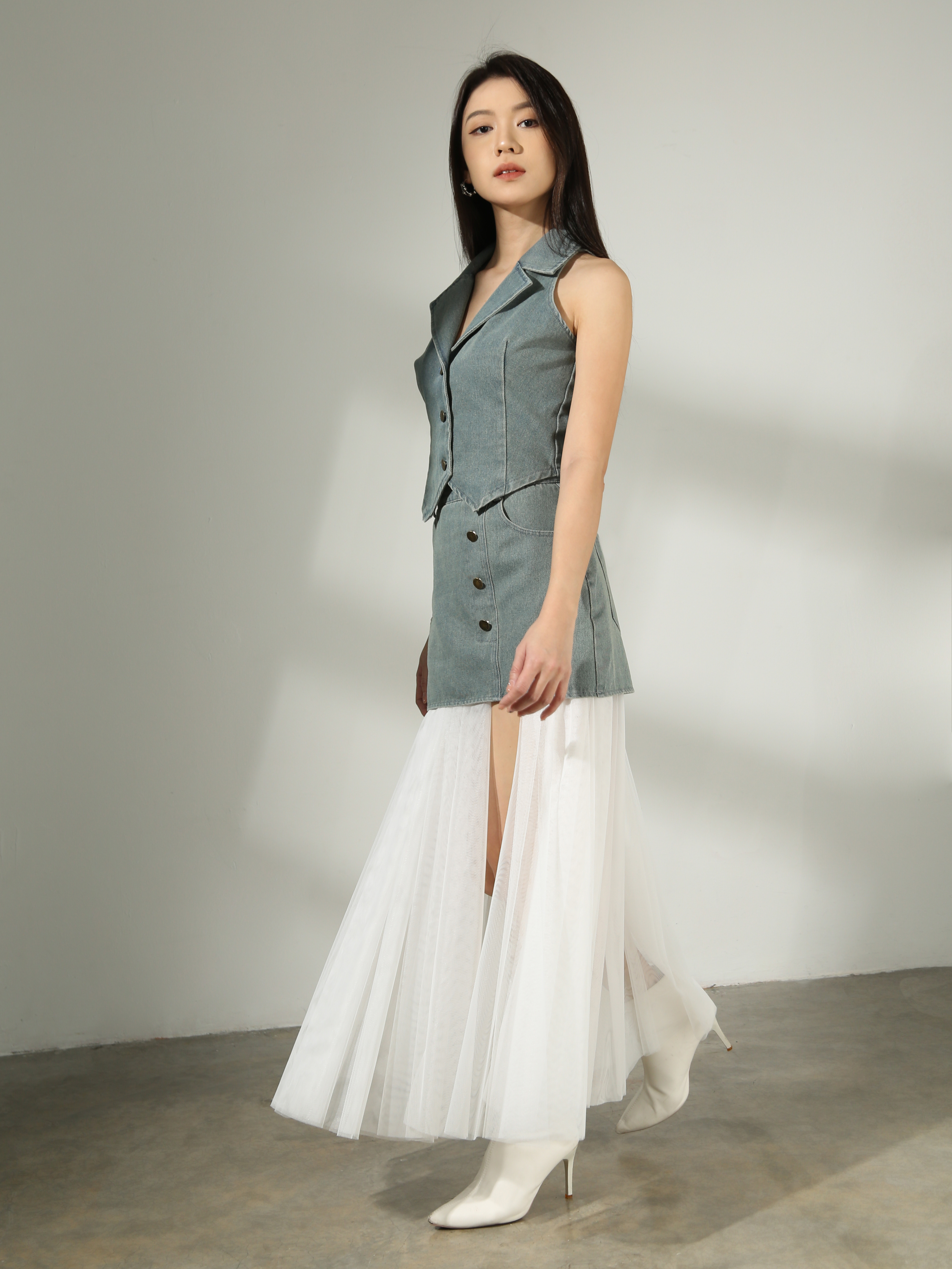 Denim Mesh Long Skirt AC755