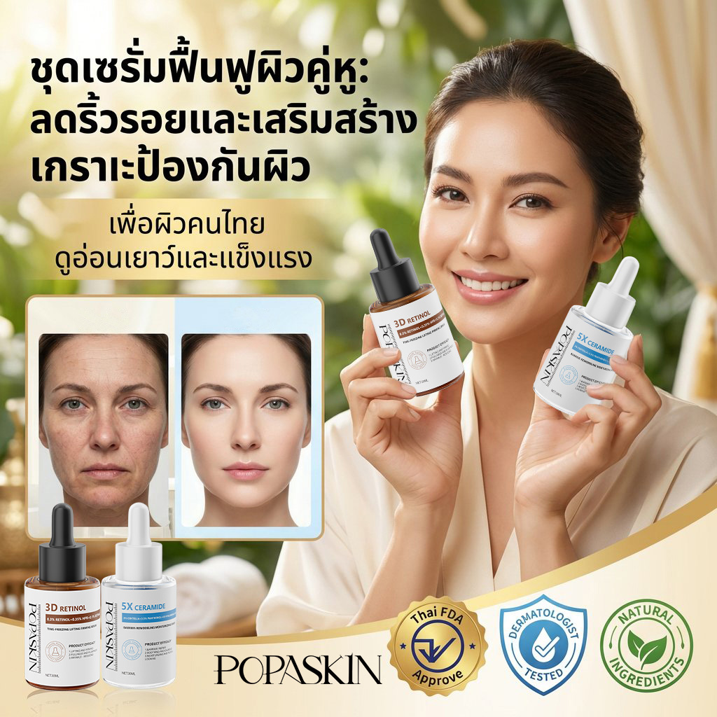 POPASKIN เซตคู่หู กู้ผิวแข็งแรง ยกกระชับลดริ้วรอย (5X Ceramide + 3D Retinol) สำหรับผิวแพ้ง่าย
