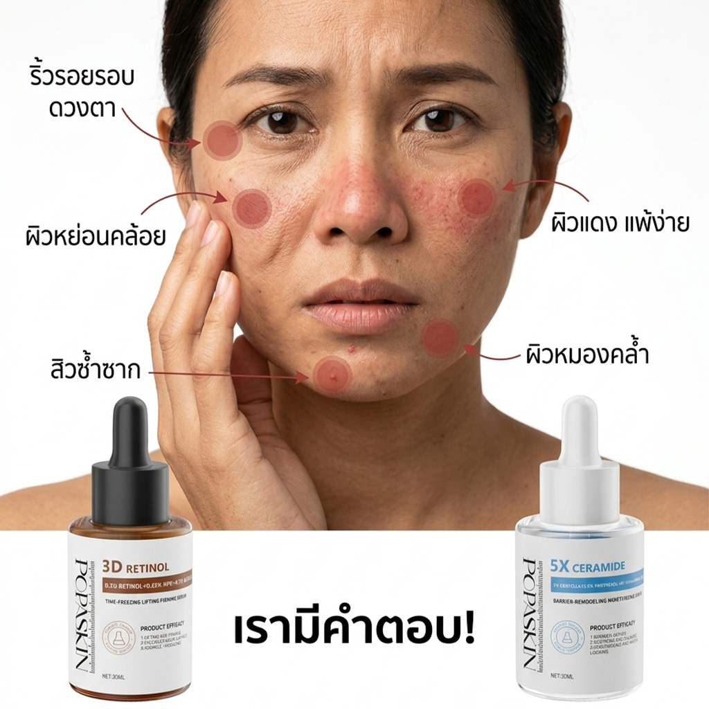 POPASKIN เซตคู่หู กู้ผิวแข็งแรง ยกกระชับลดริ้วรอย (5X Ceramide + 3D Retinol) สำหรับผิวแพ้ง่าย