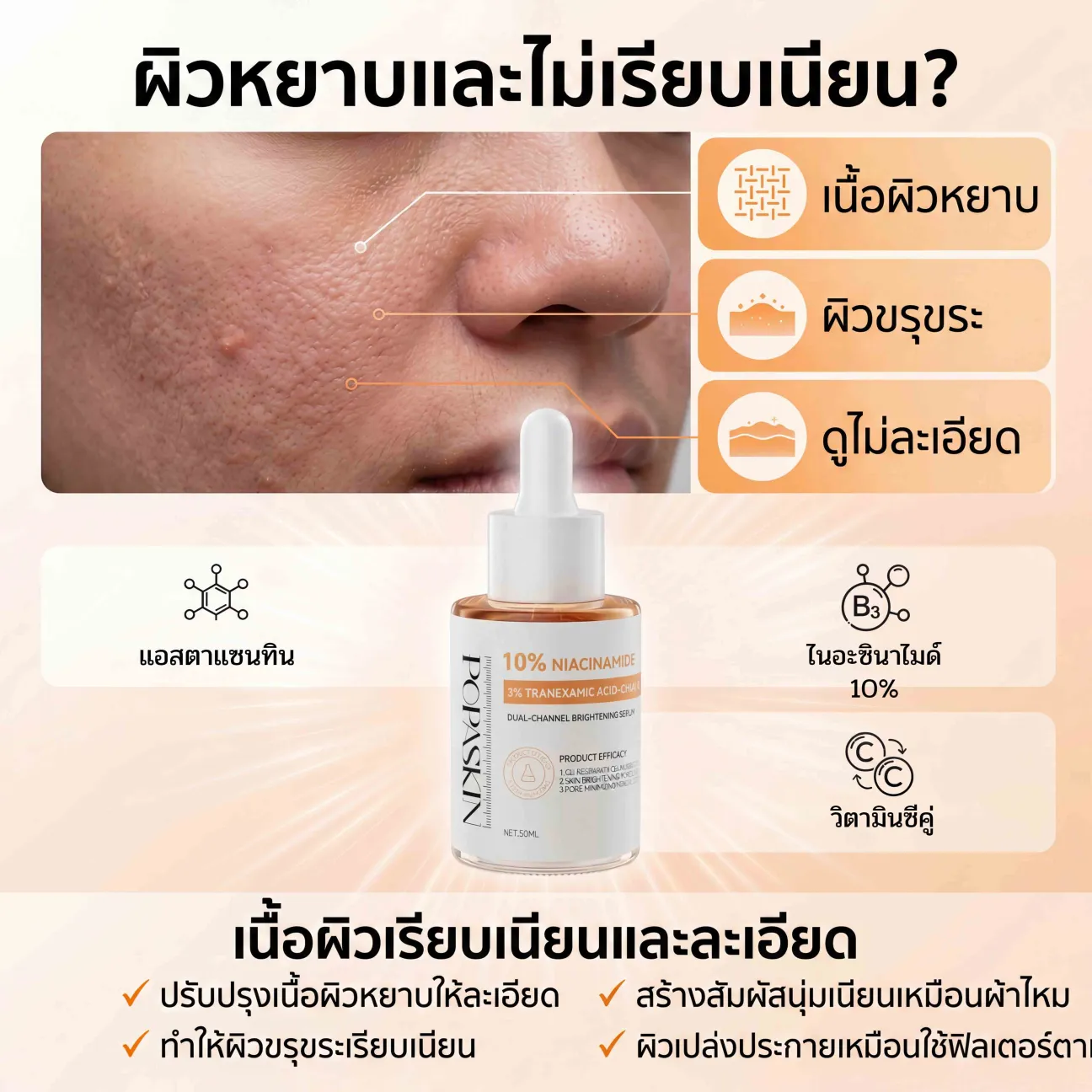POPASKIN เซรั่มไนอะซินาไมด์ 10% สยบฝ้าแดด กระ จุดด่างดำ บูสผิวขาวใสออร่า
