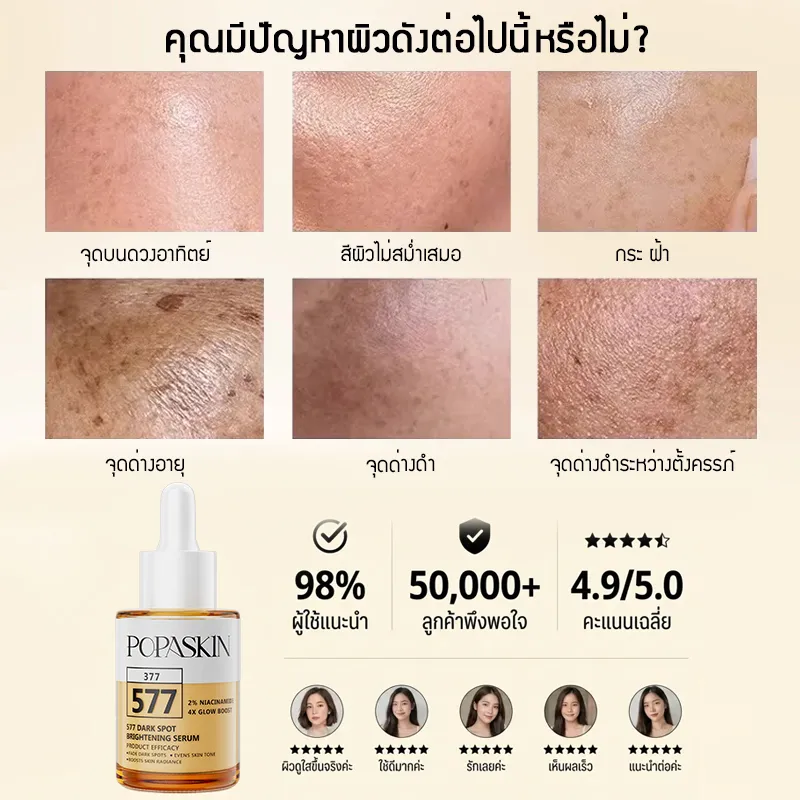 POPASKIN 577+377 เซรั่มหน้าใส ลดฝ้าแดด รอยสิวจางไว กู้ผิวโทรม 