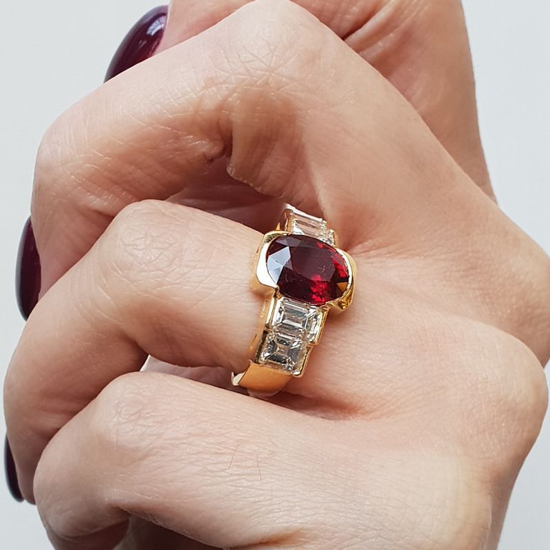 Golden Five Stone Ruby & White Sapphire Oval & Emerald Cut Engagement Ring