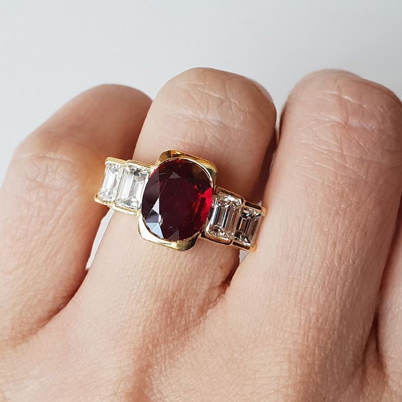 Golden Five Stone Ruby & White Sapphire Oval & Emerald Cut Engagement Ring