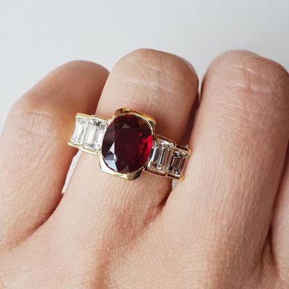 Golden Five Stone Ruby & White Sapphire Oval & Emerald Cut Engagement Ring