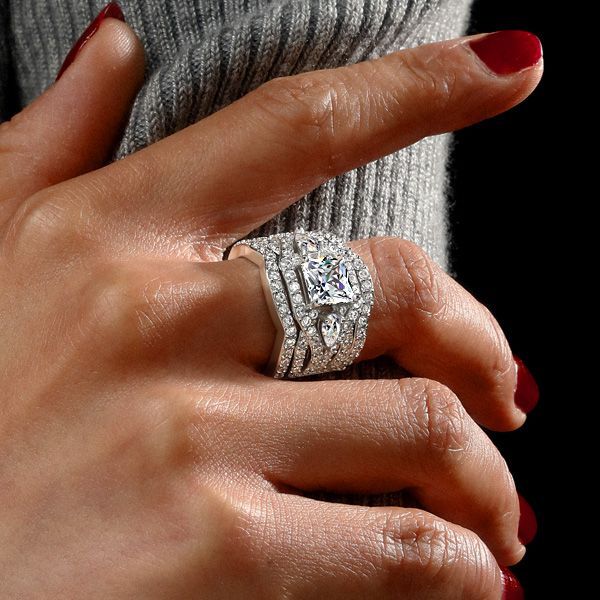 Italo Princess Cut Three Stone 3PC Wedding Set Engagement Ring Set