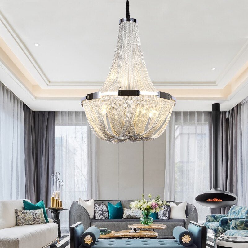 MIRODEMI® Silver Chain Chandelier Creative Round Design Loft Chandelier Chrome / Dia15,8" / Warm Light 3000K