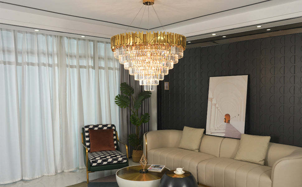Light Luxury Large Round/Oval Crystal Chandelier for Living Room/Dining Area/Staircase, gold ,black, nickel,tiered