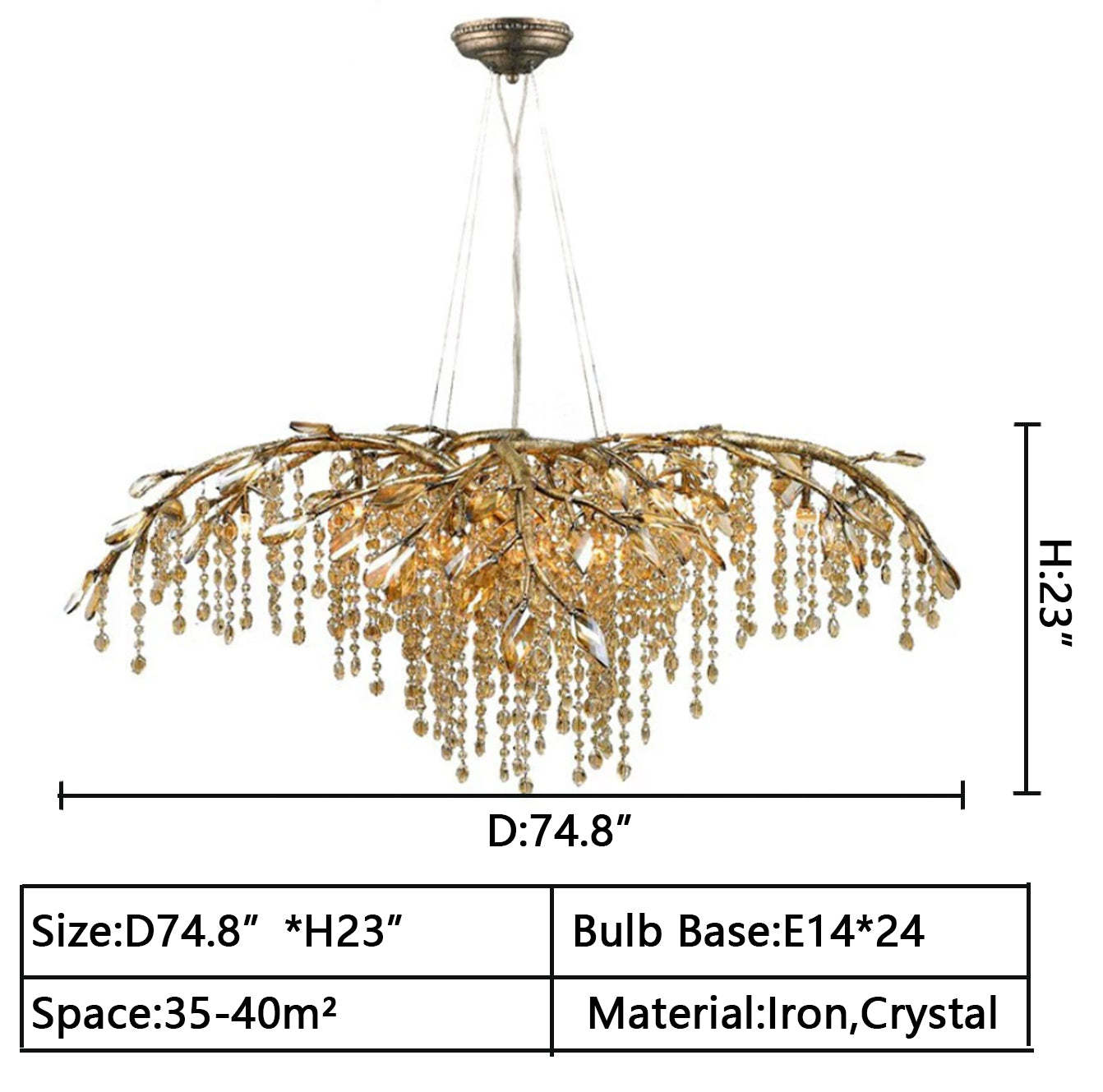 D74.8"*H23" chandelier,chandeliers,branch,pendant,iron,crystal,living room,kitchen island,big table,long table