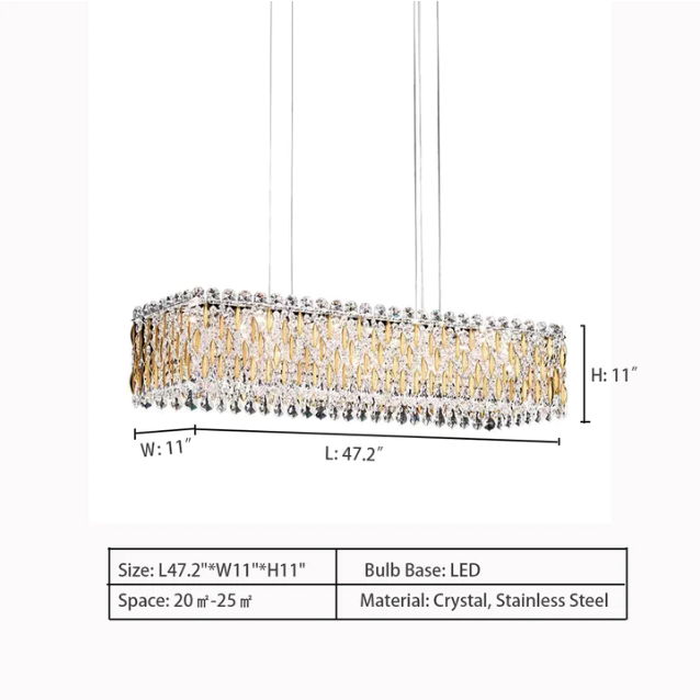 L47.2"*W11.0"*H11.0" chandelier,chandeliers,crystal,leaves,leaf,rectangle,gold,chrome,living room,dining room,kitchen island,.dining bar