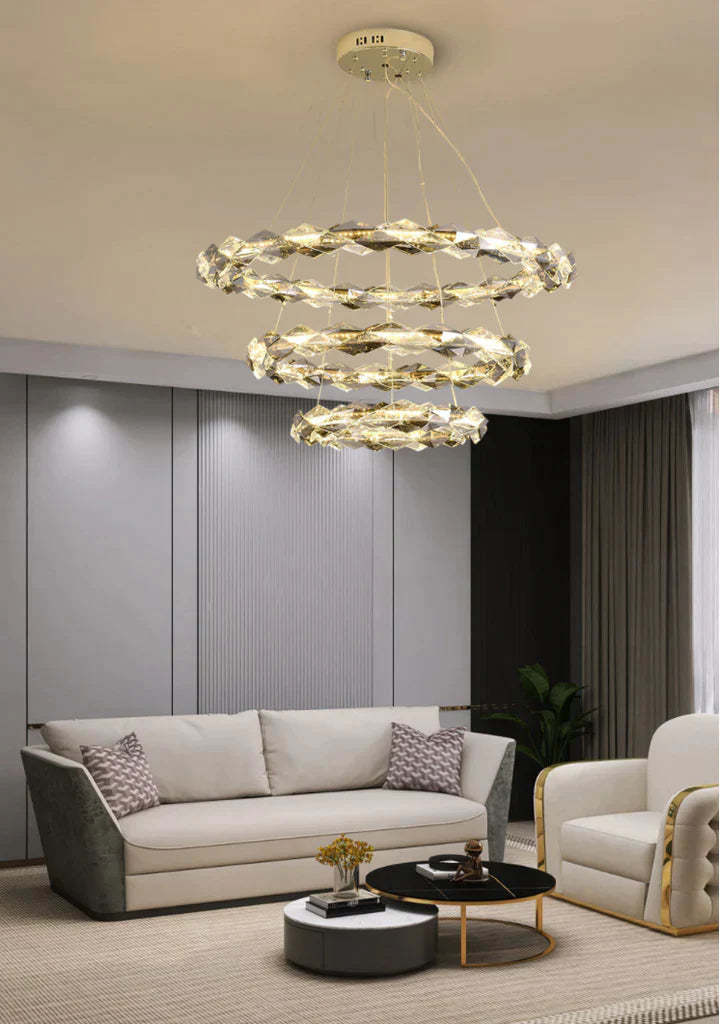 round, living room, bedroom, ring, crystal, shining, wreth, tiered, modern, chandelier, gold,
