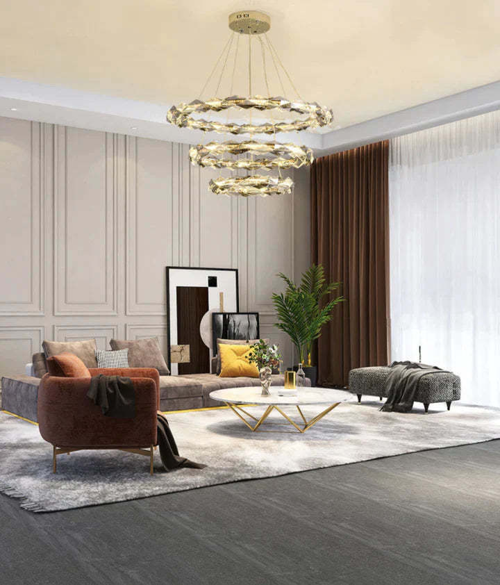 round, living room, bedroom, ring, crystal, shining, wreth, tiered, modern, chandelier, gold,