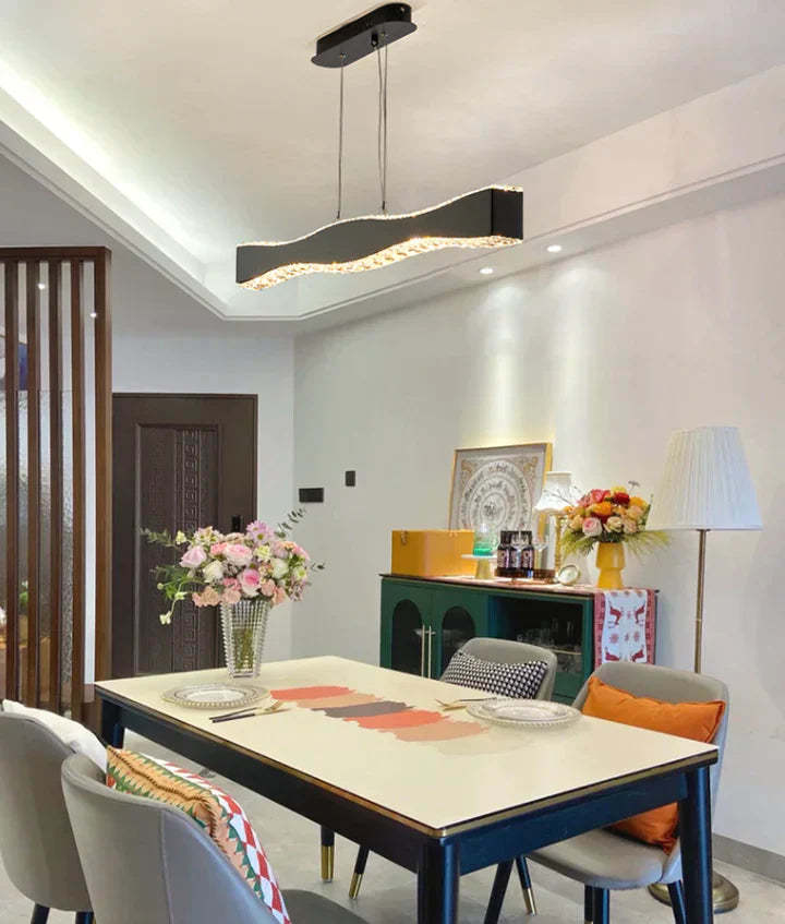 Modern Minimalist Art Wave Crystal Chandelier Suit in Black Finish for Living Room & Dining Room