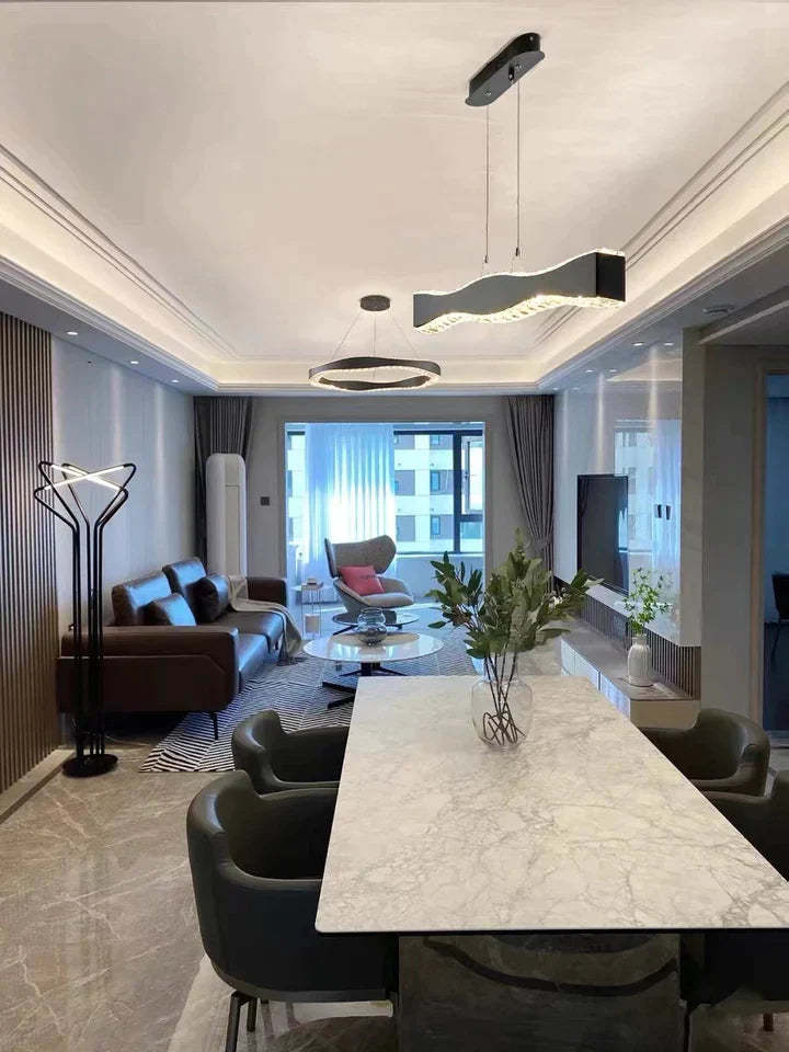 Modern Minimalist Art Wave Crystal Chandelier Suit in Black Finish for Living Room & Dining Room