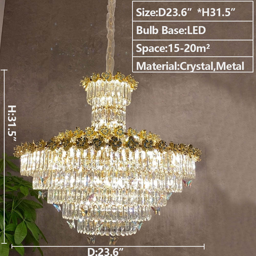 Modern Light Luxury Multi-tiered Round Ctystal Chandelier for Living Room/Staircase/Foyer, gold finish, butterfly ,flower,dimension