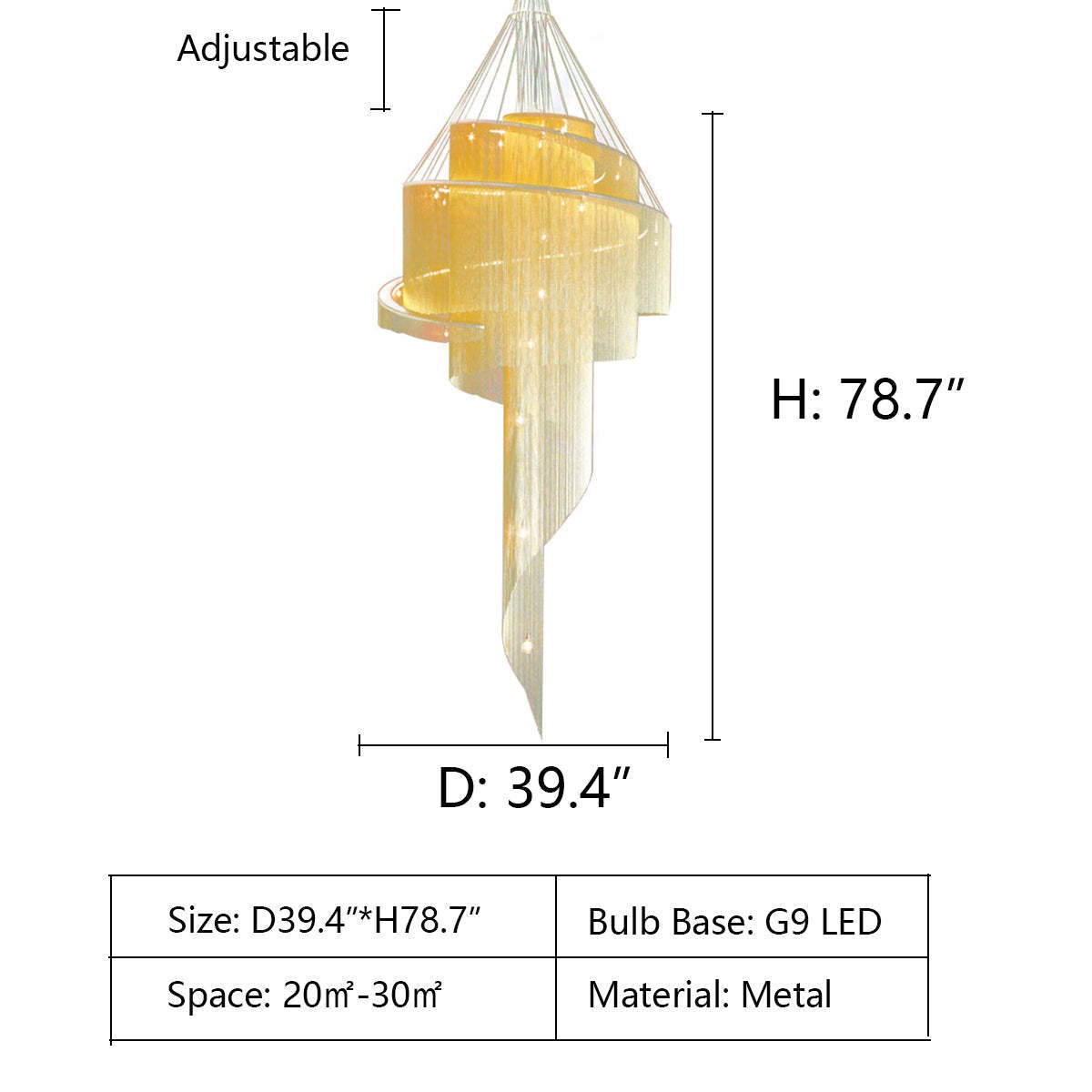 D39.4"*H78.7" chandelier,chandeliers,metal,iron,stainless steel,spiral,tassel,multier,layers,light fixture,two-story foyer,big,huge,oversize,large,stairs,staircase,chrome,gold,silver