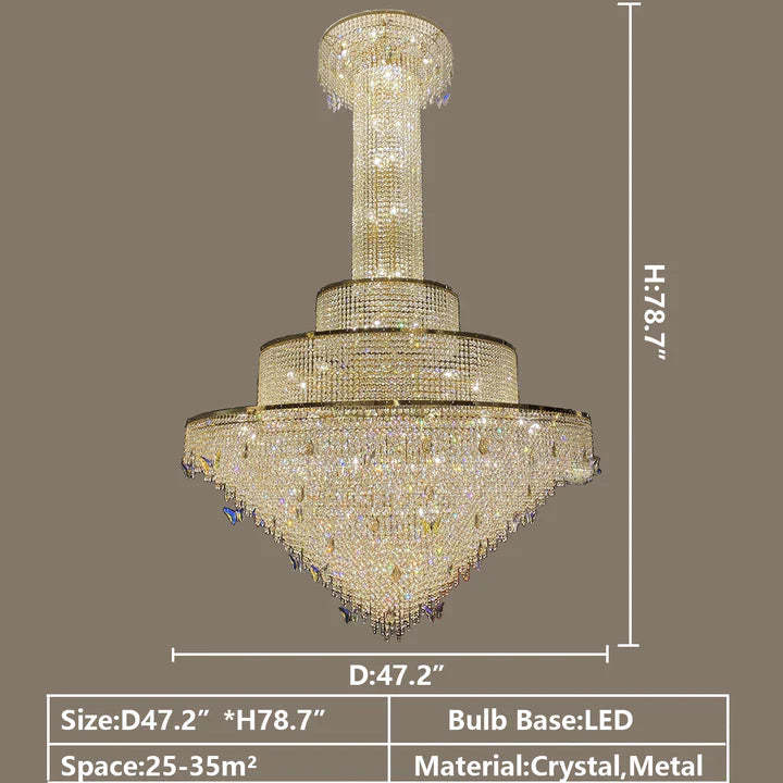 European-style Oversized Luxury Tiered Crystal Chandelier in Gold Finish Art Butterfly Crystal Decorative Light Fixture for Foyer/Staircase, gold,shining, LED,art design